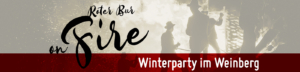 Silhouetten von Menschen in der Nähe eines Feuers mit Text: Roter Bur am Feuer, Winterparty im Weinberg.