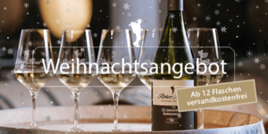 Weingläser und eine Flasche auf einem Tablett mit Weihnachtsangebotstext und kostenlosem Versandangebot.
