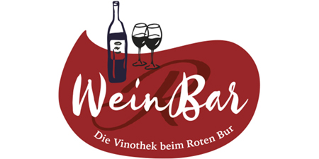Logo mit Weinflasche, zwei Gläsern und Text: WeinBar Die Vinothek beim RoterBur.