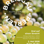 Nahaufnahme von Weintrauben mit Veranstaltungshinweisen für das Weinfest Breisgau Perlen in deutscher Sprache.