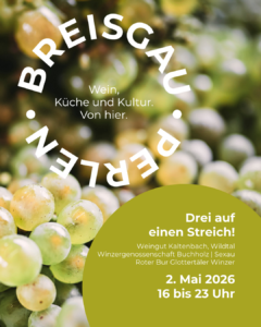 Nahaufnahme von Weintrauben mit Veranstaltungshinweisen für das Weinfest Breisgau Perlen in deutscher Sprache.