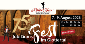 Veranstaltungsbanner für das 75-jährige Jubiläumsfest in Glottertal vom 7. bis 9. August 2026, Eintritt frei.