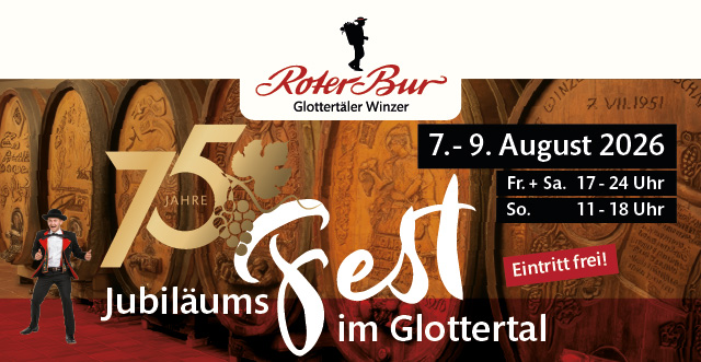 Veranstaltungsbanner für das 75-jährige Jubiläumsfest in Glottertal vom 7. bis 9. August 2026, Eintritt frei.
